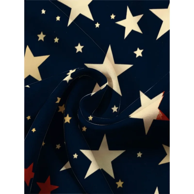 Men's Printed Star Navy Blue White Red Star Lightweight Polyester Beach Outdoor Home Shirt & Pants Set view 5