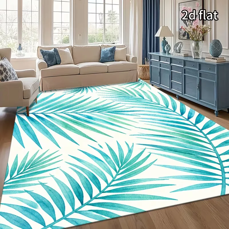 Watercolor Teal Palm Leaf Tropical Area Rug Anti Slip Floor Carpet Botanical Print Living Room Bedroom Coastal Indoor Carpet