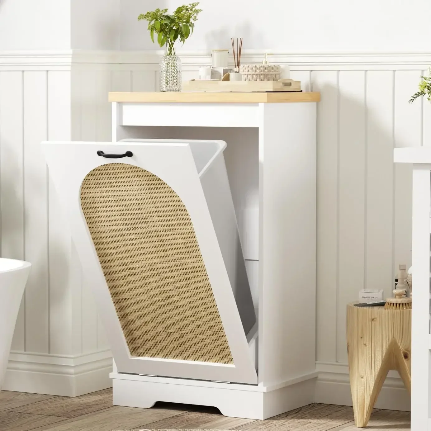 13 Gallon Trash Can Cabinet with Rattan Door, Tilt Out Trash Cabinet w/Negative ion, Dog Proof Wooden Trash Bin Organize for Kit