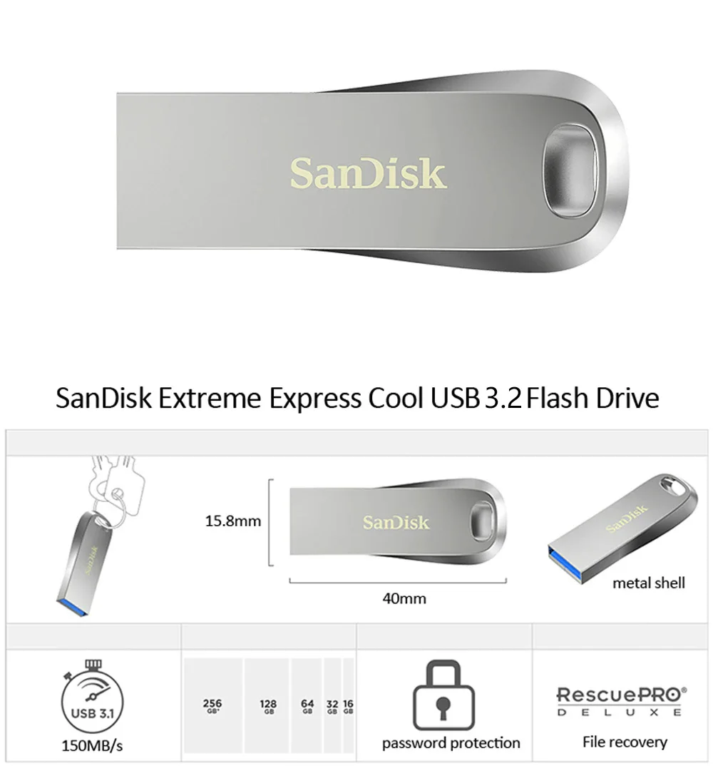 SanDisk Pen Drive CZ74 USB3.1 USB3.2 64G 128G 32G 256G 512G Memory Stick Metal U Disk Flash Drive لأجهزة الكمبيوتر المحمول اللوحية TV Car PC