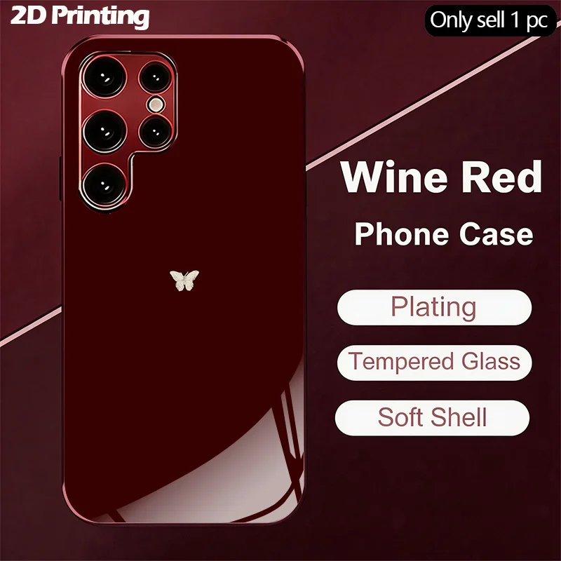 Wine red butterfly pattern glass phone case suitable for Samsung Galaxy S26 S25 S24 S23 S22 S21 S20 FE/Ultra/Plus anti drop