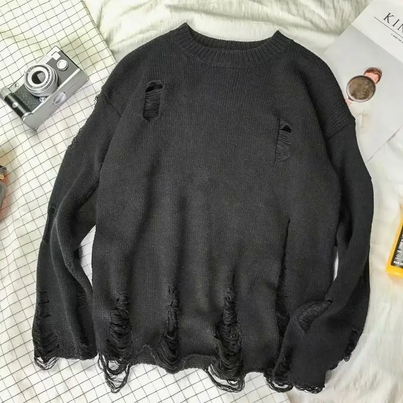 Men Women Streetwear Hip Hop Pullovers Jumper Fashion Oversized All-match Men Spring Wash Hole Ripped Knit Sweaters