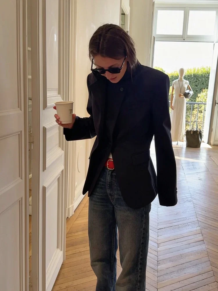 Vintage Stand Neck Blazer Padded Shoulder Single Button Long Sleeve Pocket Smart Casual Autumn Fashion Office Suit Coats 2026