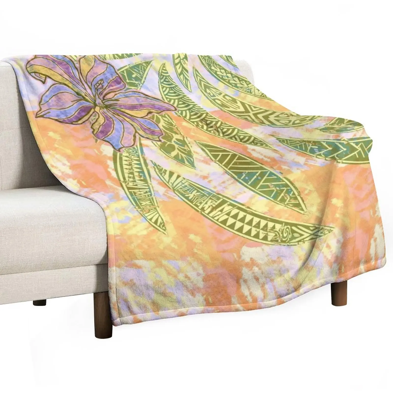 Vintage Hawaiian - Samoan Ocean Green Painted Tribal Leaves Throw Blanket Decoratives decorative Decorative Sofa Blankets