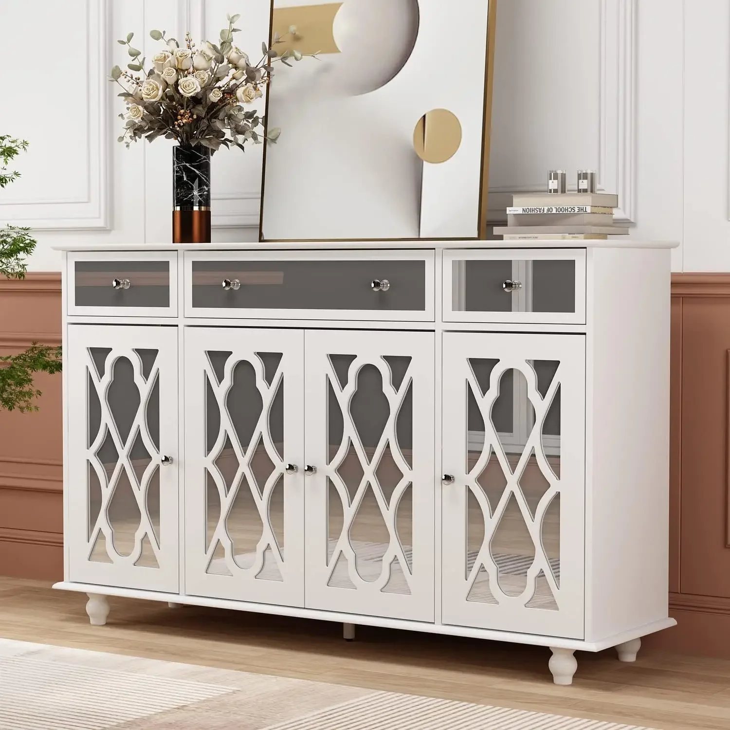 Buffet Sideboard Storage Cabinet with Mirror Doors, 3 Drawers & 6 Storage Compartments, Kitchen Cupboard Console Table