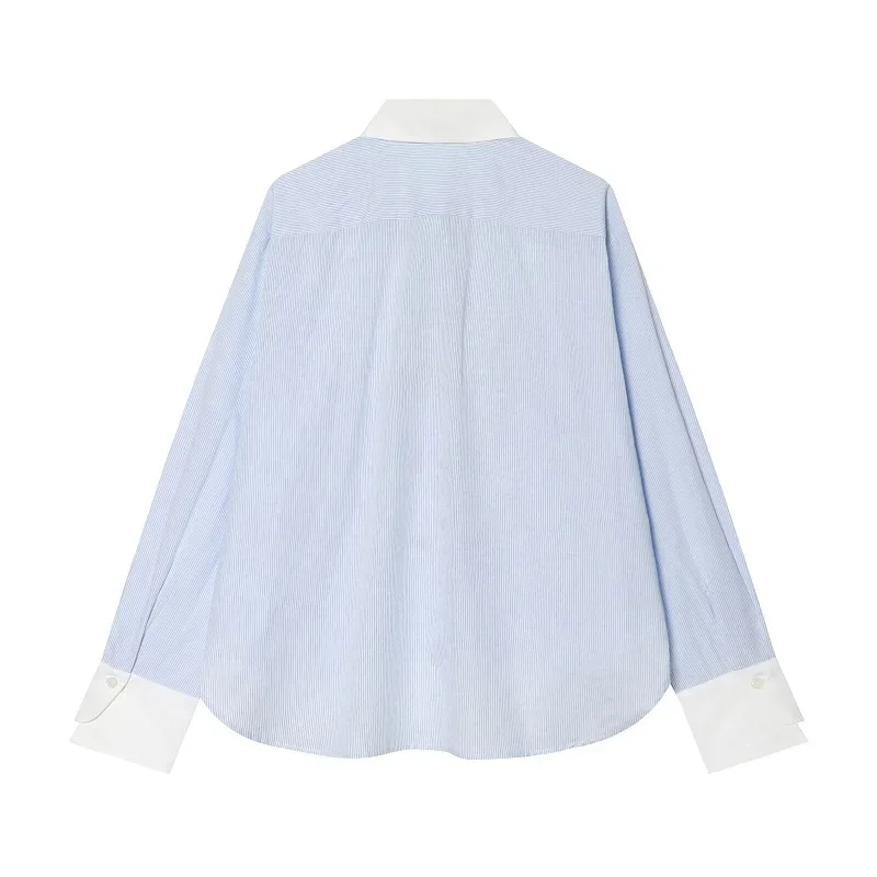 HXAO Blaues Damen-Streifenhemd Langarm Sommer Damenhemd Chinesische Froschknopf-Bluse Locker Sitzende Büro-Freizeitbluse – Detail 4
