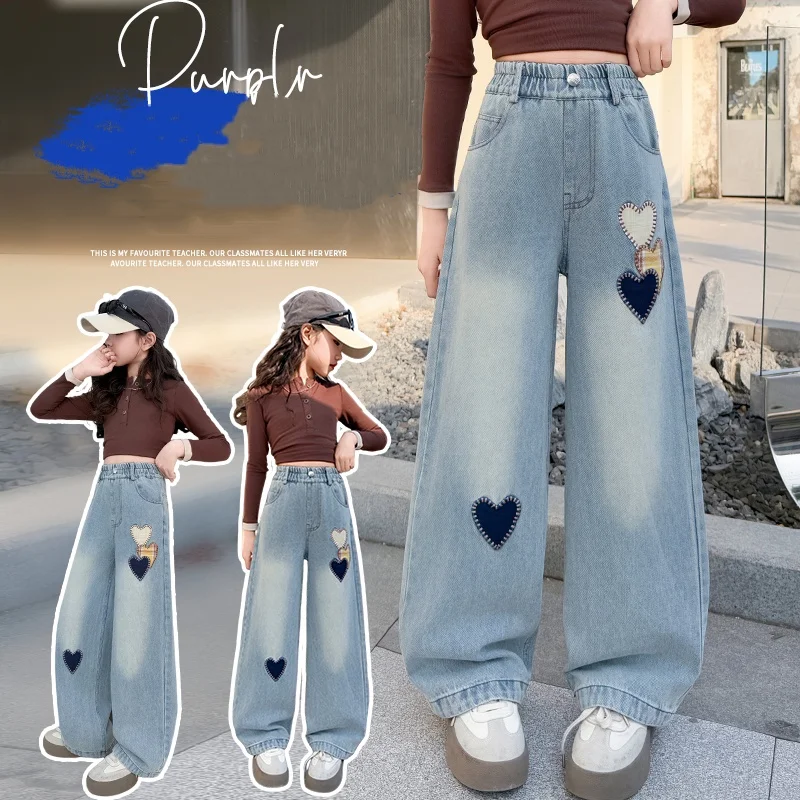 

Girls Jeans 4-14Year Teen Wide Leg Denim Teenage Vintage Trousers Toddler Girl Casual Fashion Denim Bottom Kids Softy Long Pants