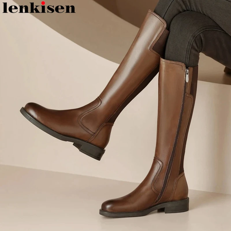 

Lenkisen Cow Leather Vintage Round Toe Zipper Med Heels Winter Riding Boots Vintage Model Wear Concise Elegant Thigh High Boots