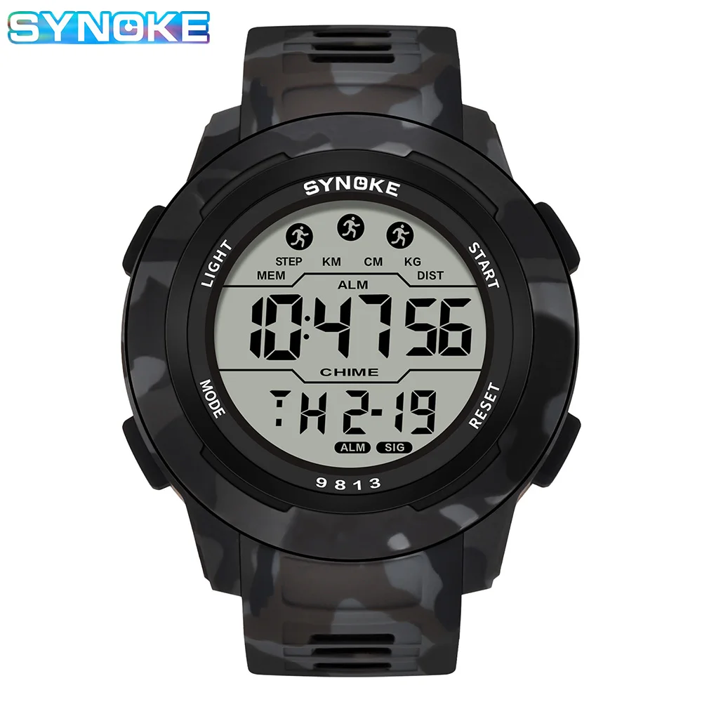 SYNOKE Men Outdoor Sports Multifunctional Waterproof Large Screen Display Luminous LED Digital For Men Fashion Camouflage Watch