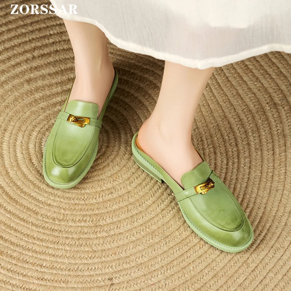 

Leather Fashion Pointed Toe Half Slippers Women Flat Shoes Ladies Slides Outside Mules Designer Sandals 2025 New Summer Sandals