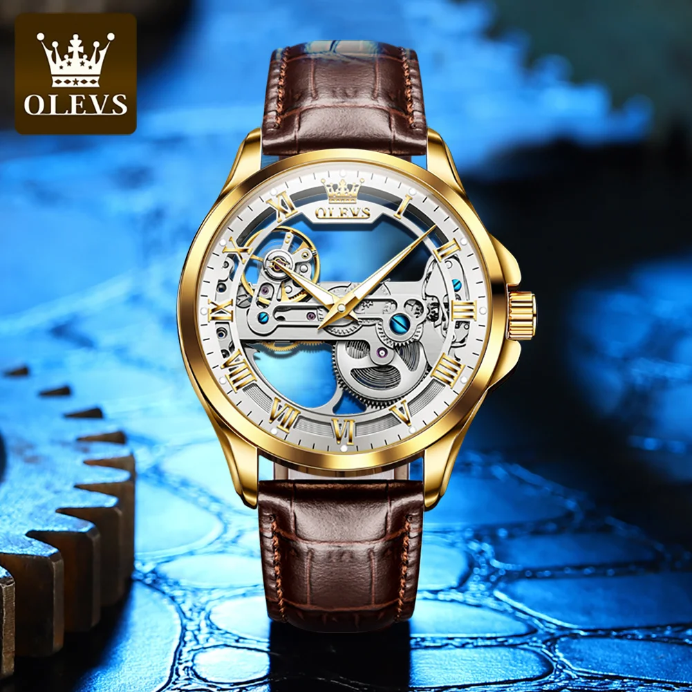 OLEVS Automatic Mechanical Men Watches Luxury Skeleton Design Dial Waterproof Leather Wristwatch Fashion Luminous Watch for Men