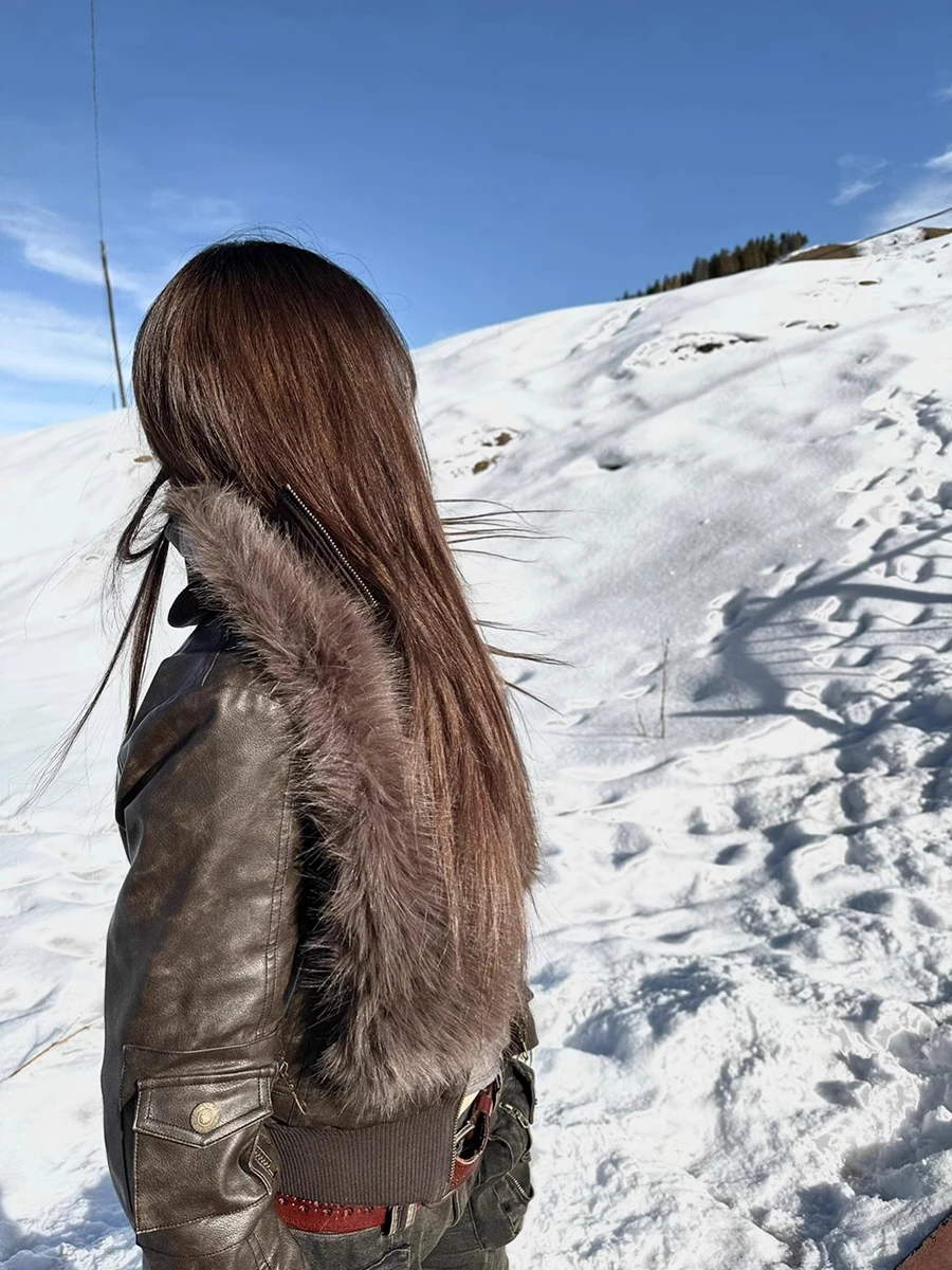 

Lautaro Autumn Cool Short Distressed Brown Pu Leather Jacket Women with Detachable Faux Fur Collar Luxury American Retro Clothes