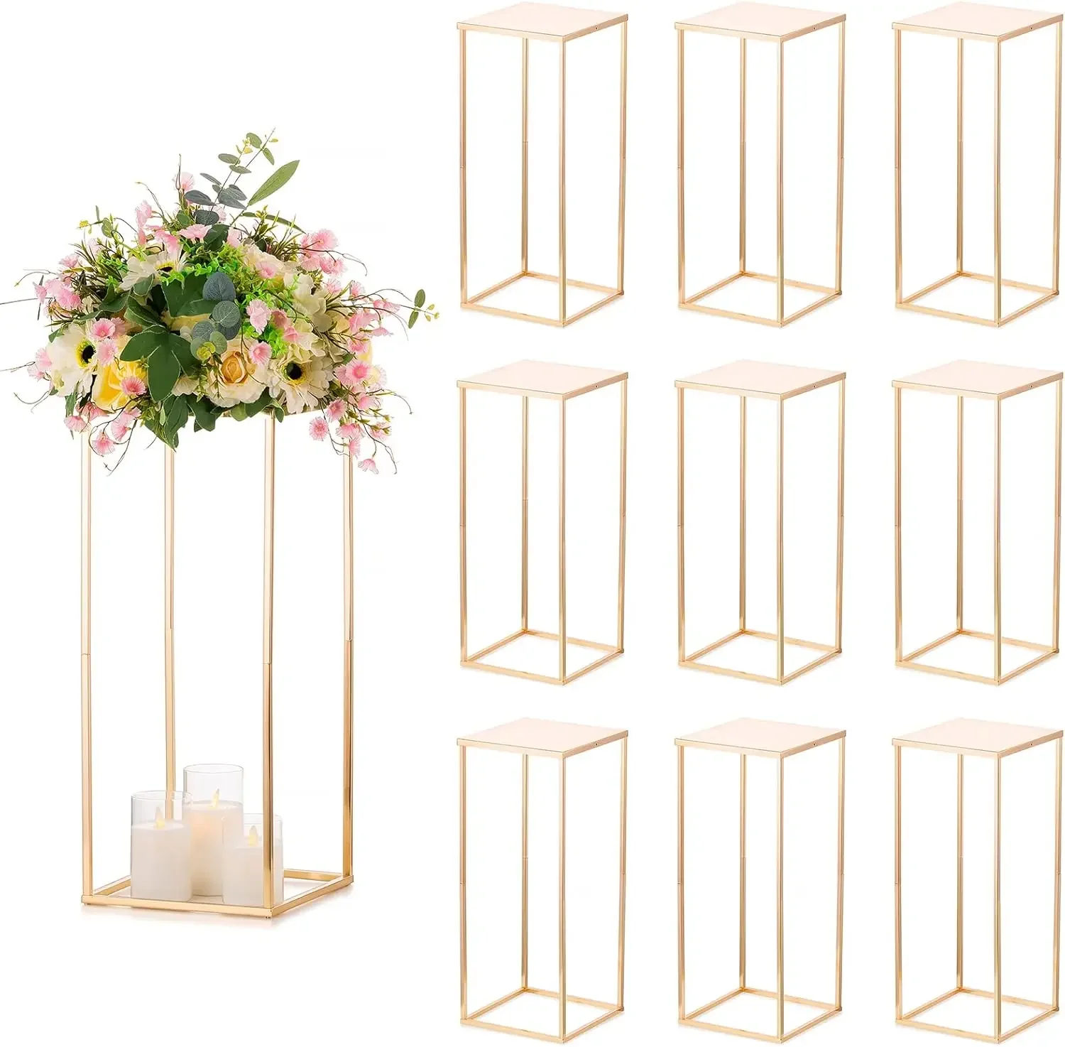 

Wedding Centerpieces Vase for Tables with Plates - 10 Pcs Metal Column Geometric Flower Stand 23.6in Gold Flower Display