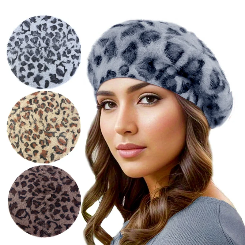 Herbst- und Wintermützen, Leopardenmuster, Kaninchenfell, Baskenmütze, modische Damenmode, Knospenmütze