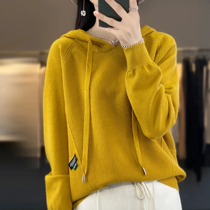 Korean Hoodies Cashmere Sweater 2024 New Spring Autumn Loose Solid Women\'s Hooded Knitted Pullover Women Casual Knitwear Tops
