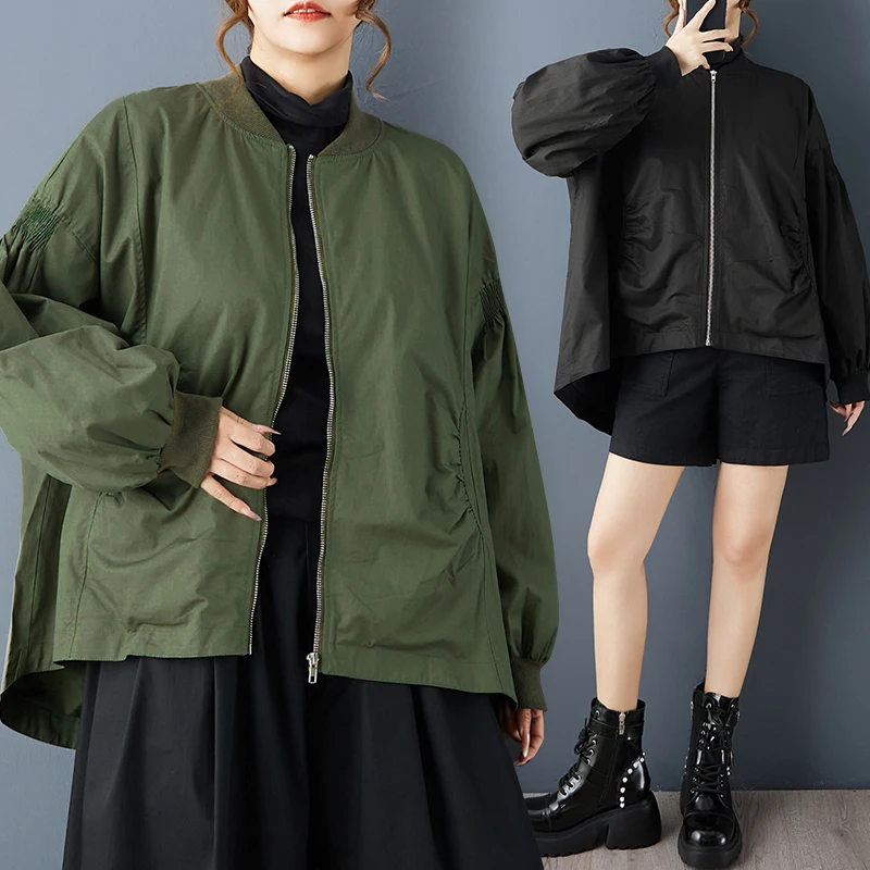 

Autumn New Sle k Lantern Sve Jaet Loose Casual ort Length Stand Collar Asymmetrical Zipper Decorated Women's Coat