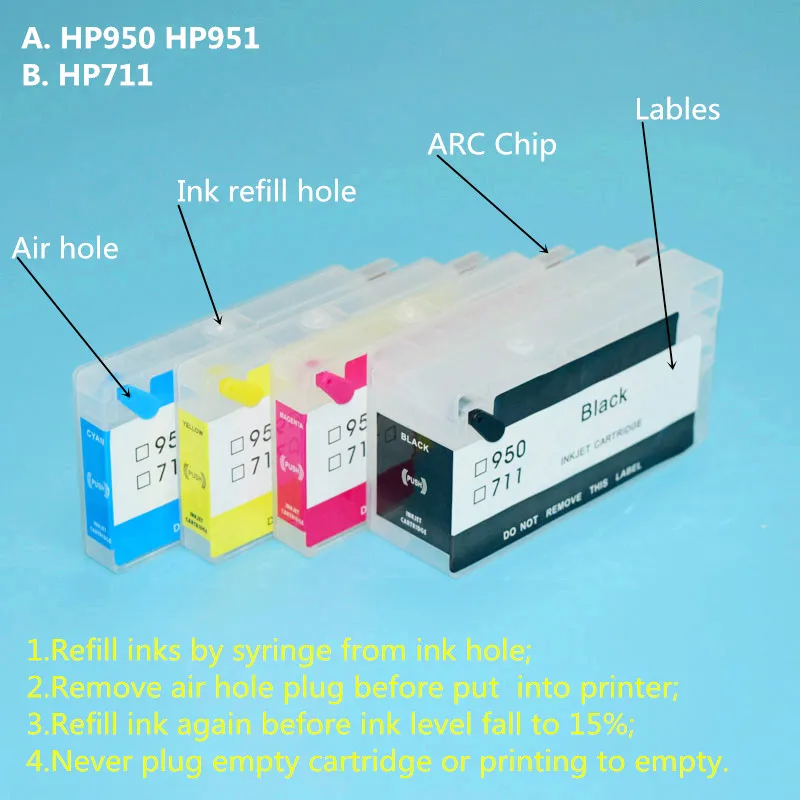 950XL HP951XL Refillable Ink Cartridge With Auto Reset Chip For HP Officejet 8100 8600 8610 8630 8640 8660 251dw 276dw Printer