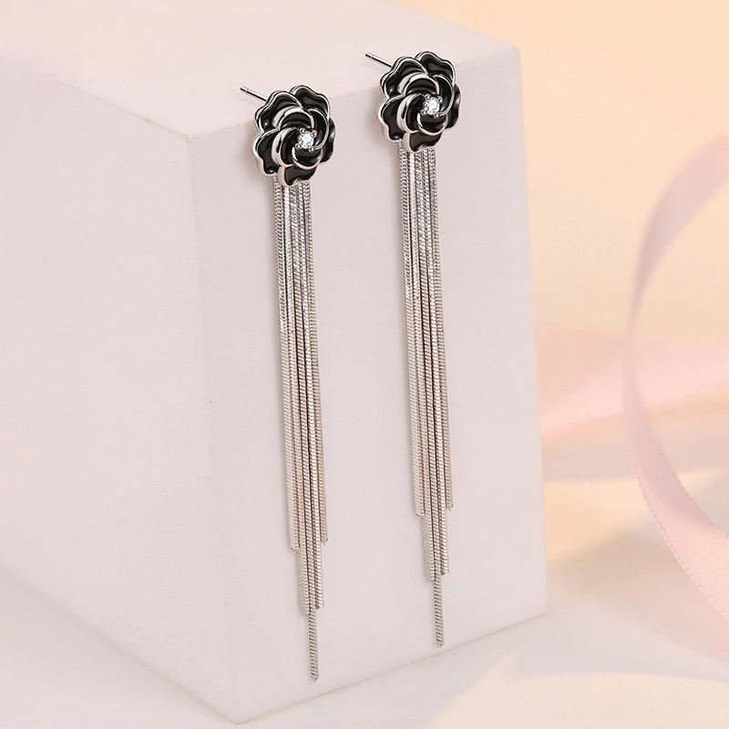 925 Sterling Silver Earrings Black Rose Fringed Long Earrings Engagement Jewelry Gift For Women