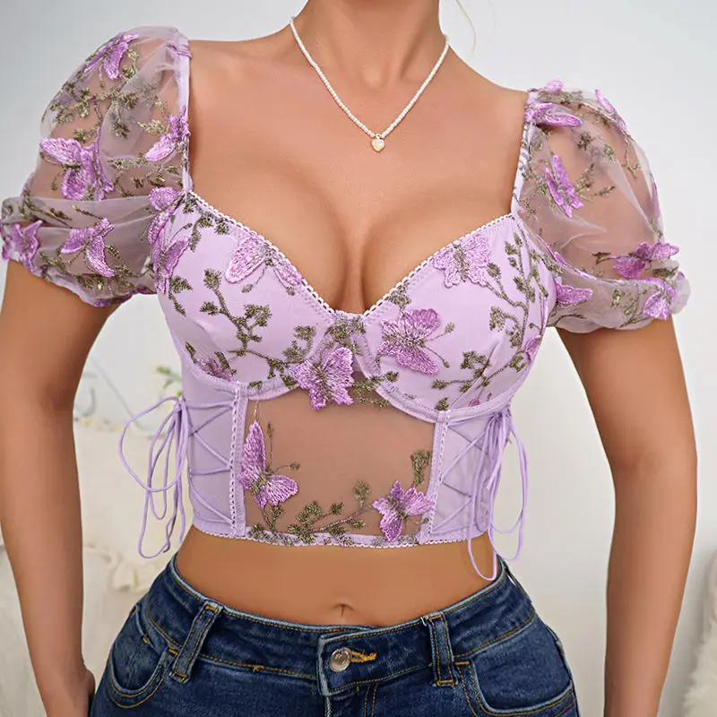 

New European American Three-dimensional Butterfly Embroidery Bubble Sleeve Mesh Top Women's Strap Design Slim Tops 2024 Hot Sale