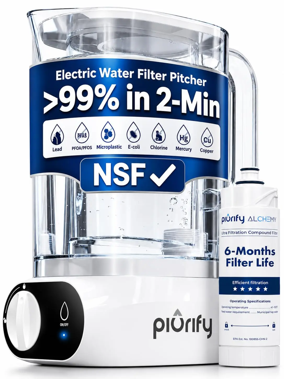 Electric Water Filter Pitcher Filter NSF Verified Compact 50 Oz Removes 99 Percent Lead Microplastics PFAS Chlorine Under 2 Min