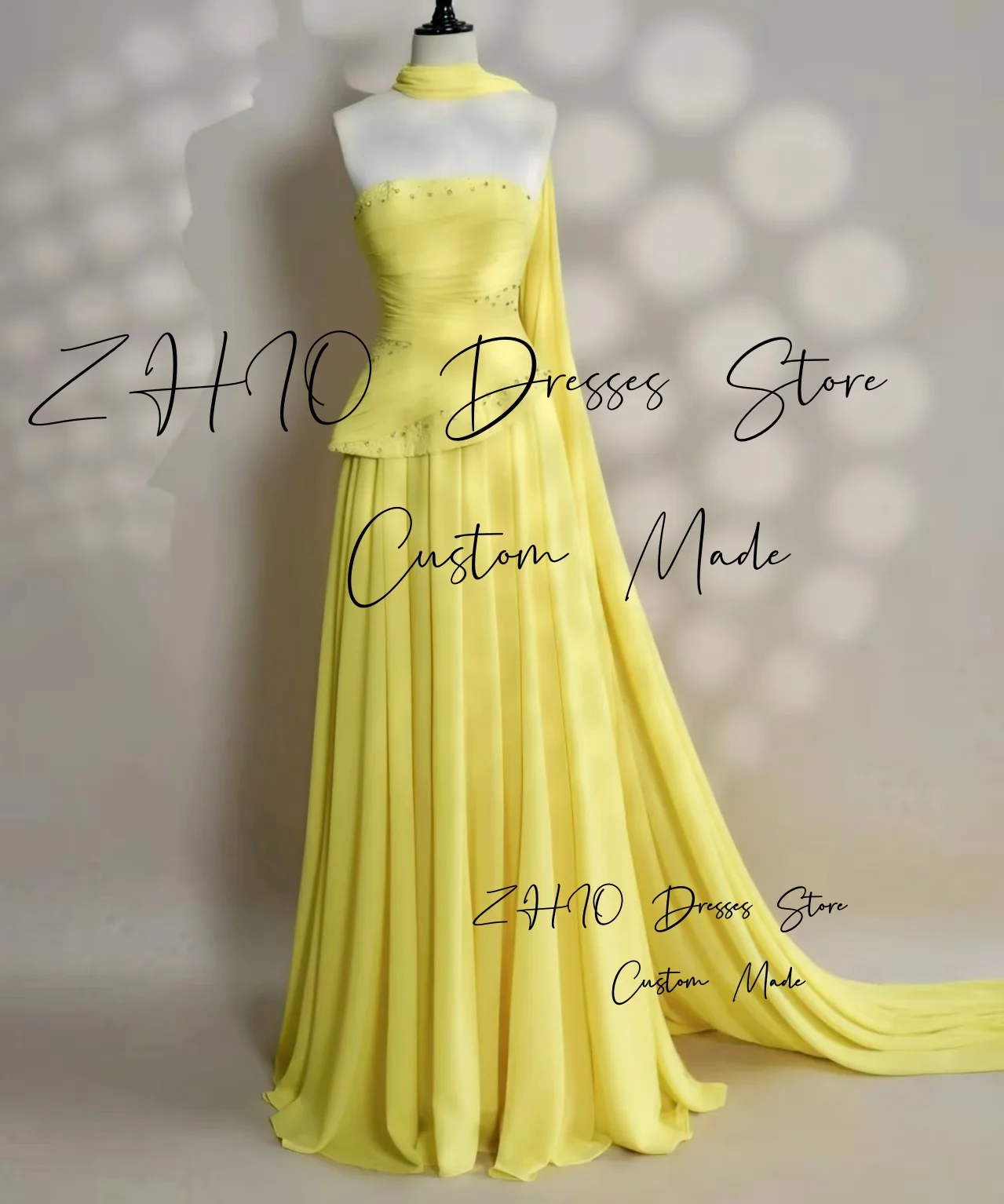 فستان ZHIO أنيق لحفلات الزفاف من الخرز الأصفر بدون حمالات مع وشاح متدرج سويب تراين فساتين الاحتفال ثوب مسائي مخصص