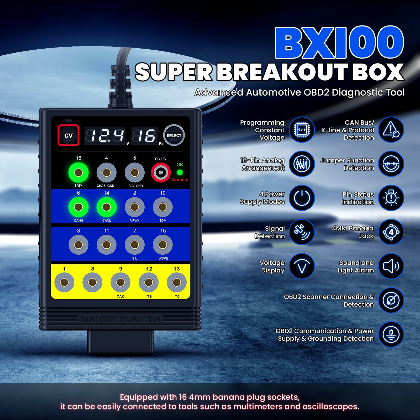 OBDResource BX100  Super OBD2 Breakout Box 16 Pin Automotive Diagnostic Tool  Voltage Constant Tool with Short Circuit Protection Automotive Circuit Tester with 12 Extension Cables for ECU Bench Testing