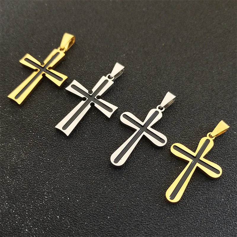 Stainless Steel Black Drip Glue Necklace Flame Retro Cross Titanium Steel Casting Men Pendant Sweater Chain