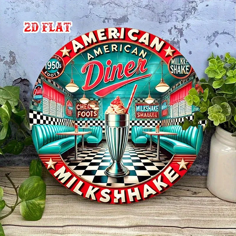 Letrero Redondo de Aluminio Retro de los Años 50, Estilo American Diner, Plano en 2D, 1 Pieza, 7.87x7.87 Pulgadas, Decoración de Pared con Diseño Vintage de Batido