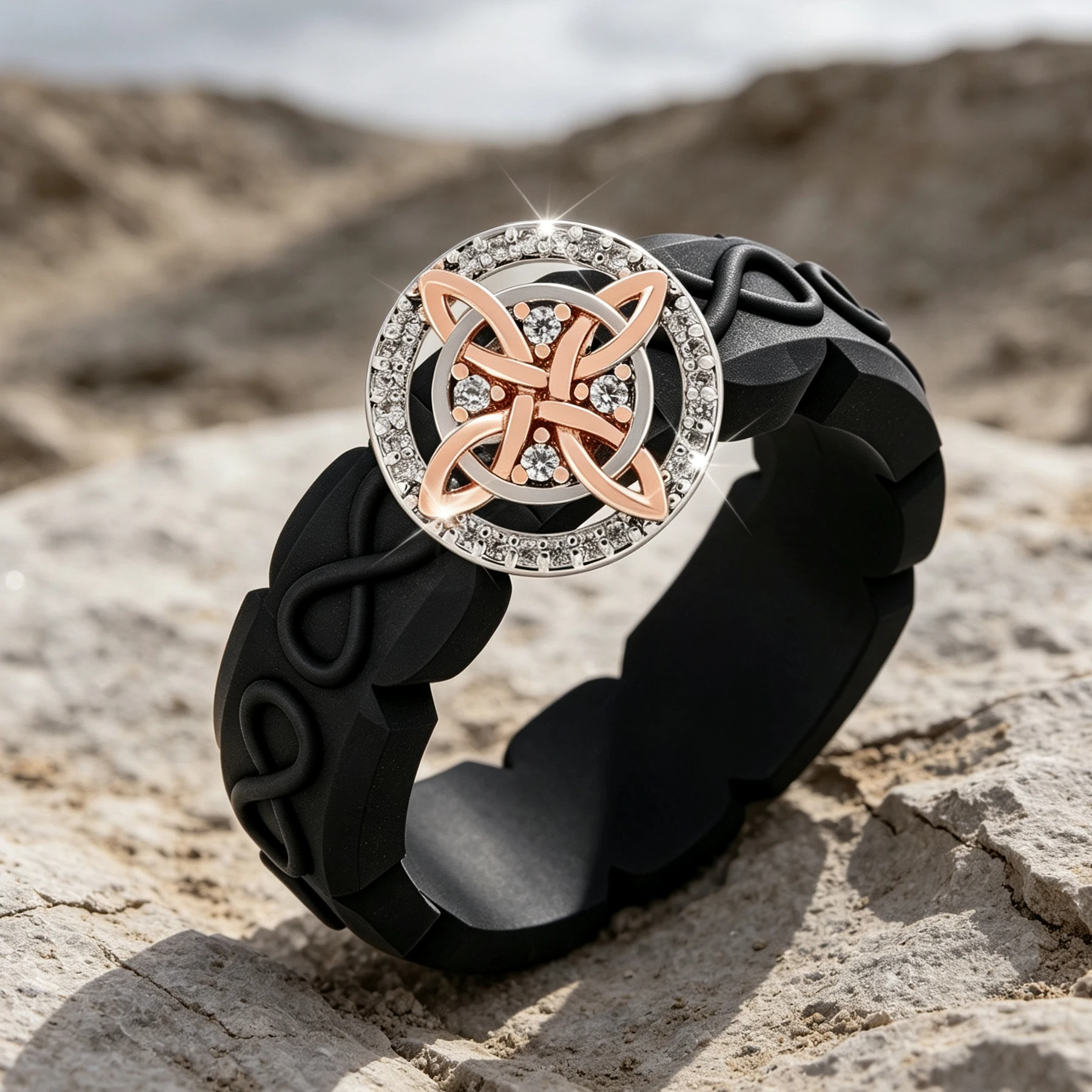 Lady Black Silicone Ring, Witch Knot Celtic Infinite Knot Inlaid CZ, Breathable Curved Groove Comfortable Ring, Guardian Jewelry