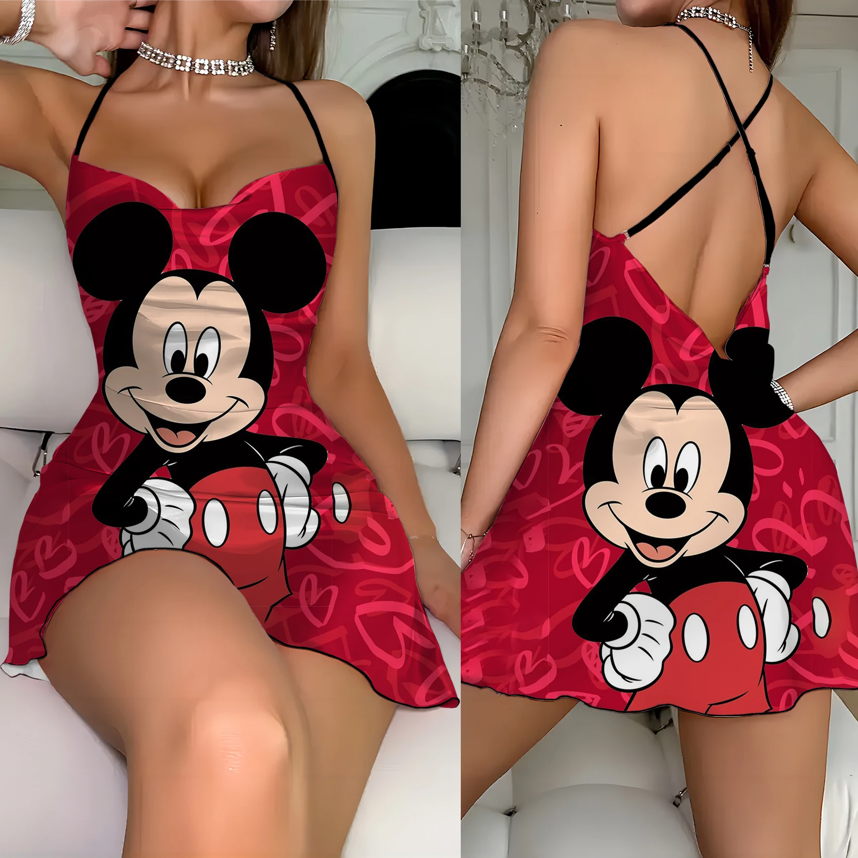 

Disney Home Dress Elegant Dresses for Women Minnie Mouse Lettuce Trim Mickey Crew Neck Fashion Summer 2024 Backless Neck Disney