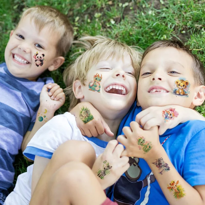 12 ملصق وشم حيوانات لامعة قطة باندا نمر فيل زرافة موضوع حيوانات لوازم حفلة عيد ميلاد هدية زينة