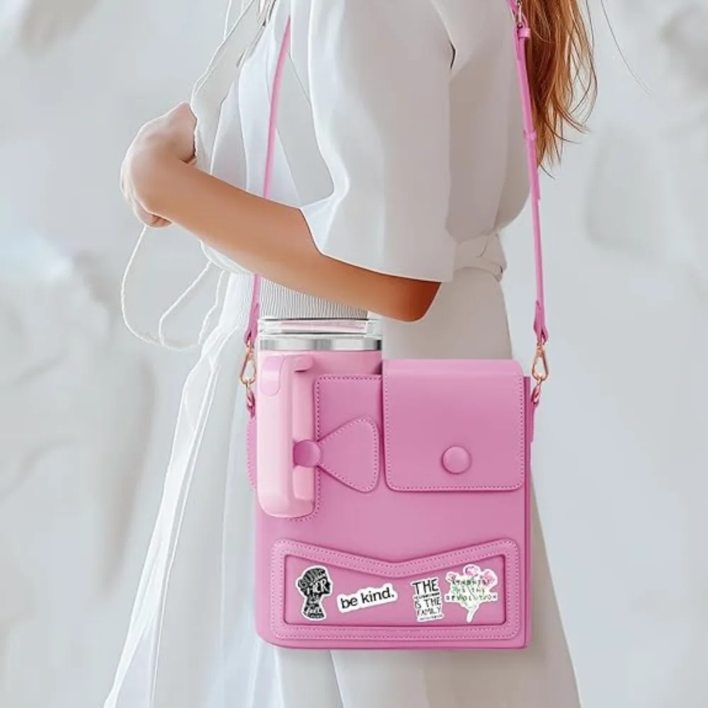 Crossbody Water Bottle Storage Bag Adjustable Shoulder Strap Large Capacity Cup Sleeve Pouch PU Leather Water Cup Carrier Ladies