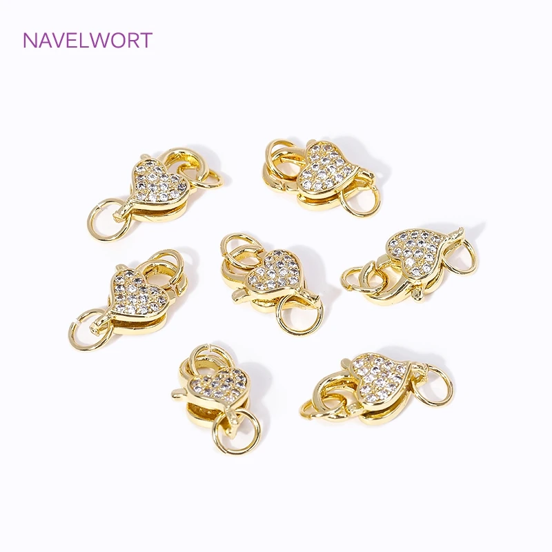 Fashion Inlaid Zircon Fasteners 18K Gold Plated Round/Heart Lobster Clasps with Open Ring For DIY Jewelry Making Accessories