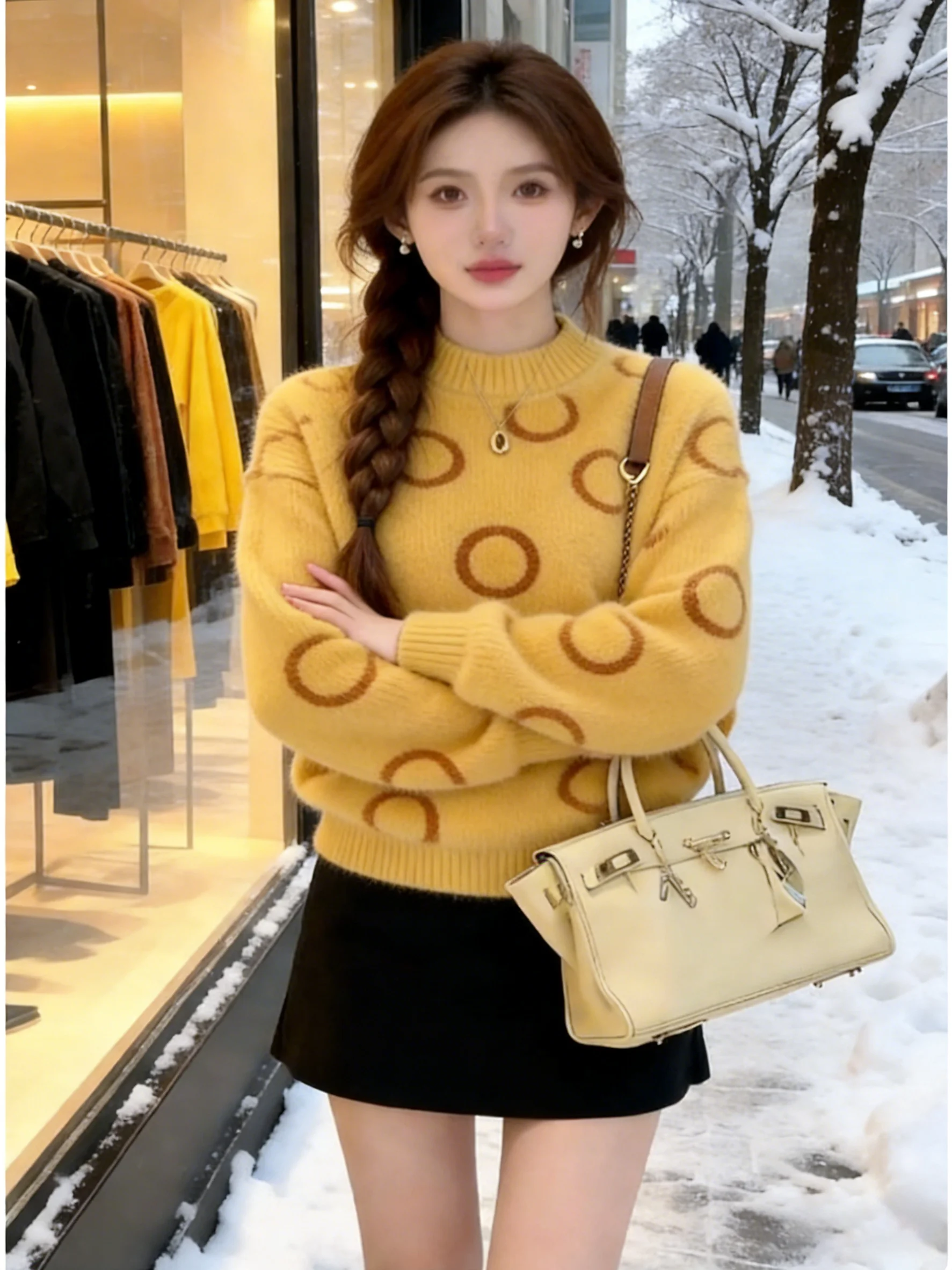 

Весна 2026: Женский вязаный джемпер в горошек, свободный крой, длинный рукав, круглый вырез, мягкий и уютный, желтый цвет, повседневный стиль