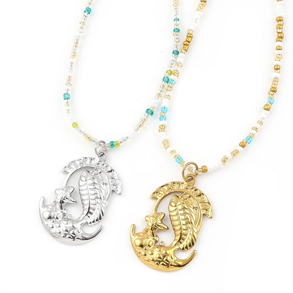

Stainless Steel Fish Pendant Choker Necklace For Women Girl Gold Color Animal Starfish Glass Beaded Chain Bohemian Jewelry Gift