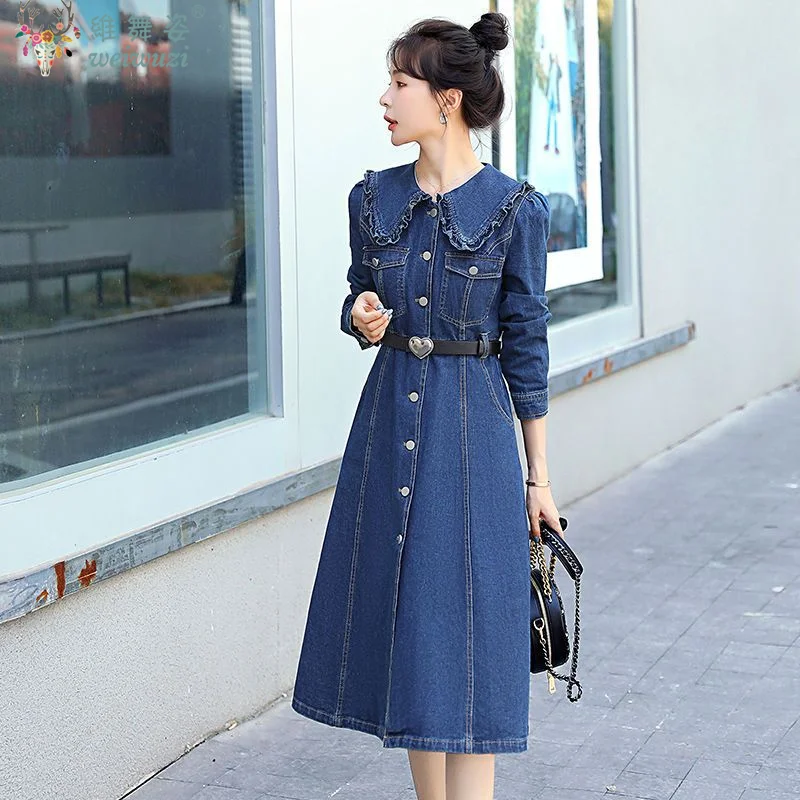 Robe en Jean élégante pour femmes, automne hiver, France, col Peter Pan, ceinture en cœur, Slim, mode dame, tenues décontractées, nouvelle collection