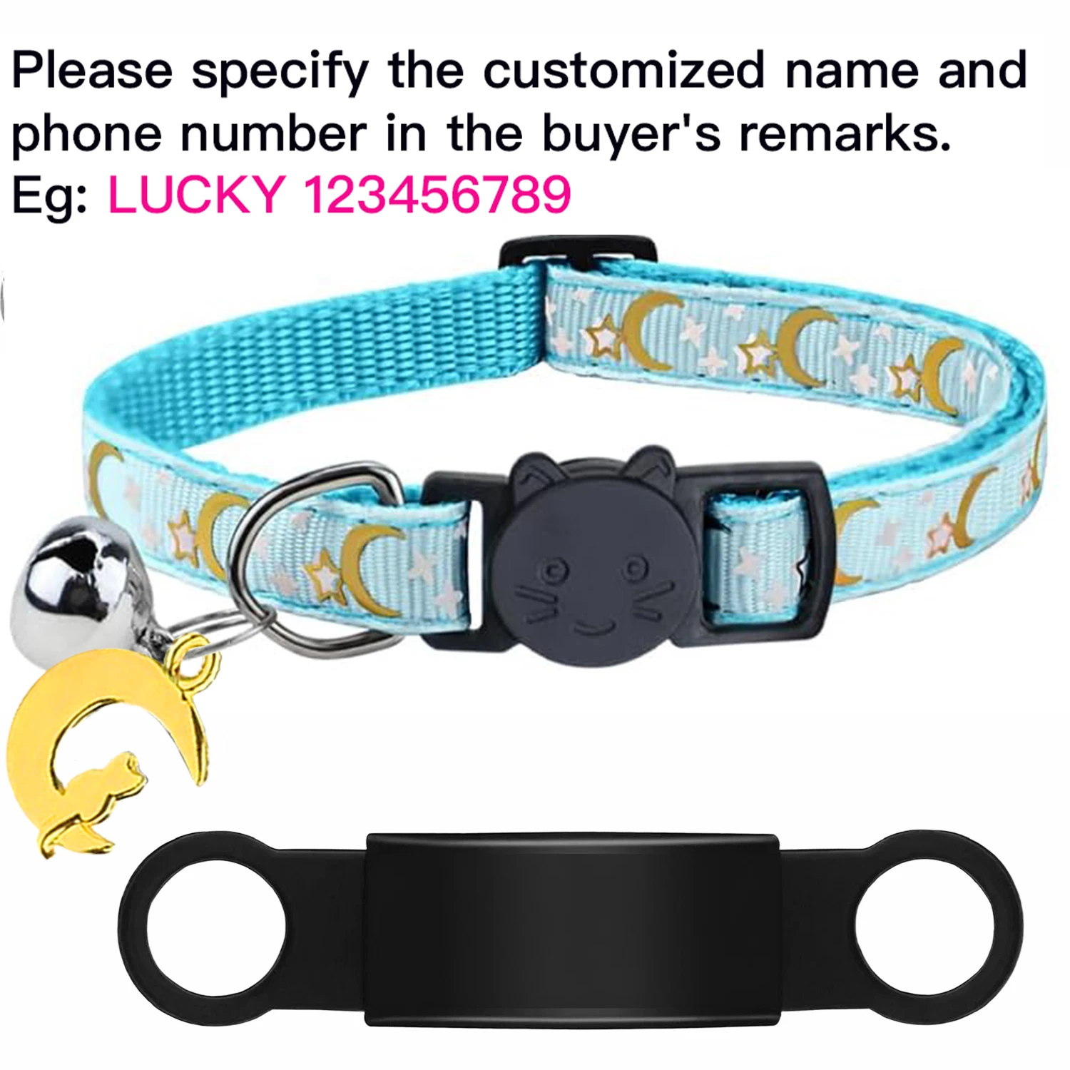 Maßgeschneiderte süße leuchtende Katzenhalsband mit kostenloser Gravur für Welpen und Kätzchen, Anti-Verlust-Haustier-ID-Namensschild-Halskette mit Glöckchen- und Mondornament