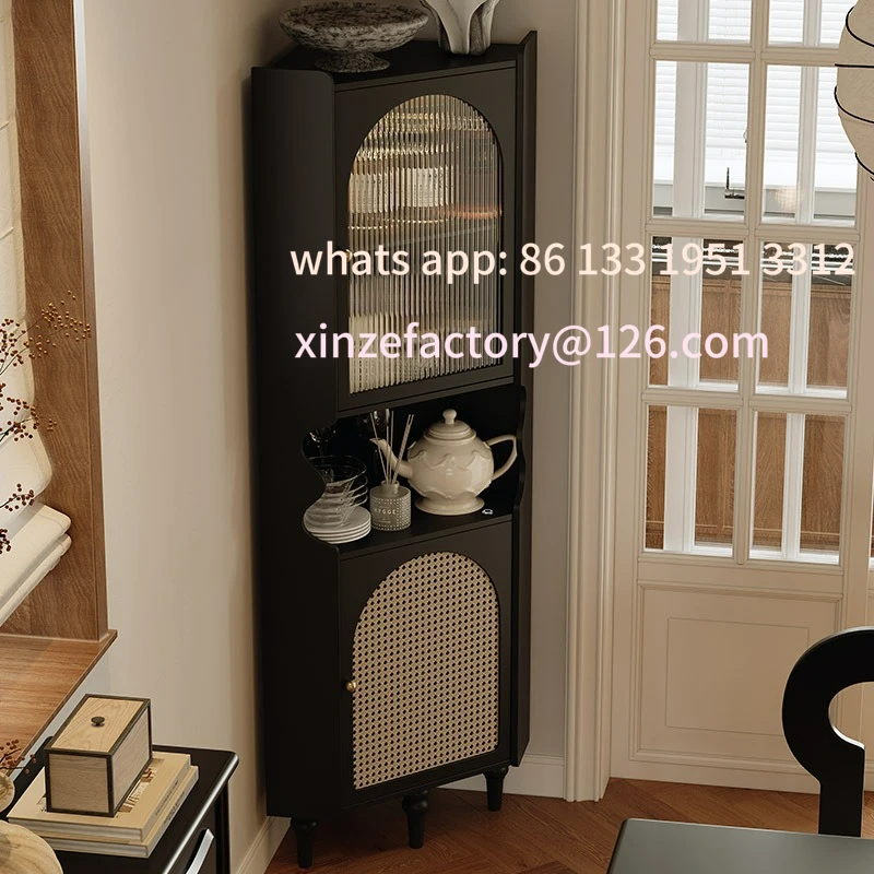 

Customizable French Vintage Solid Wood Rattan Corner Cabinet Bedroom Triangle Shelf