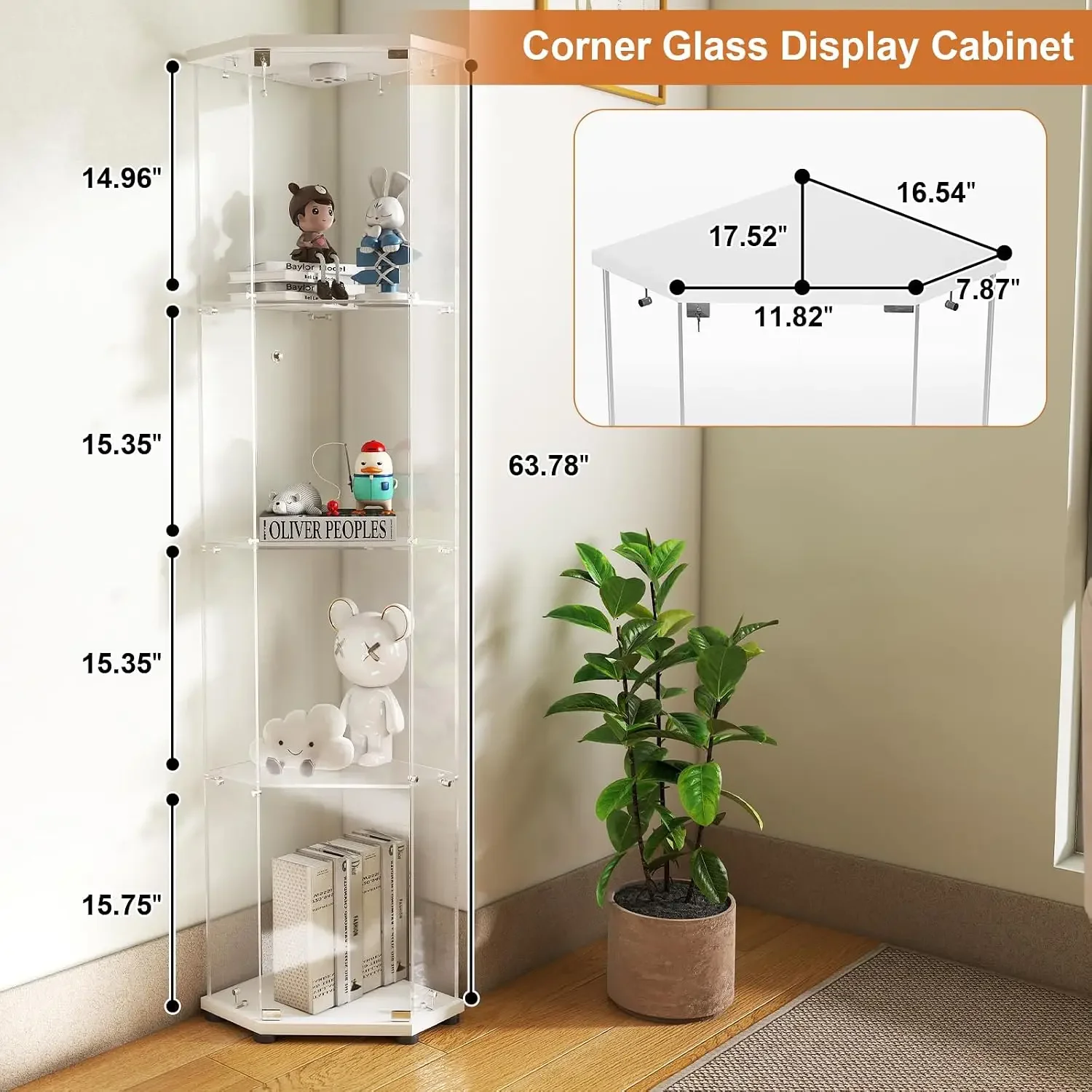 Corner Glass Display Cabinet w/Light, 4-Tier Lockable Curio Case | Floor Standing Corner Glass Display Cabinet for Collectibles,