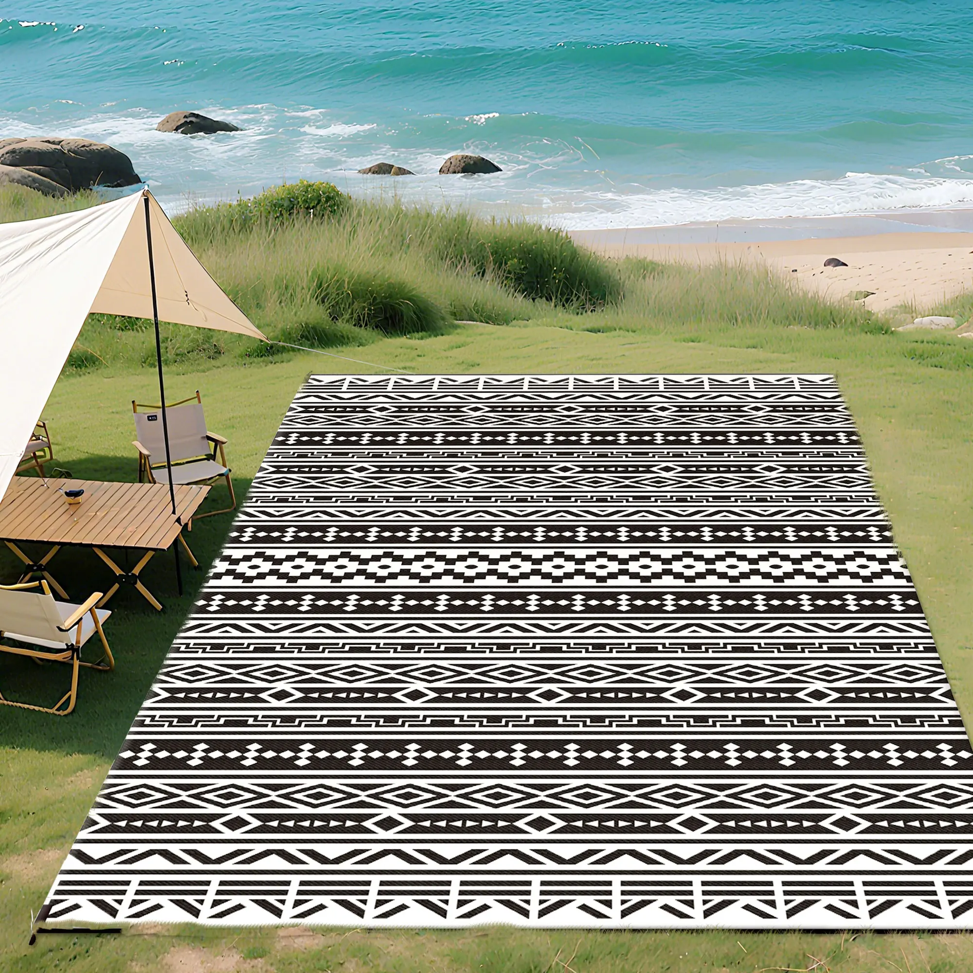 Reversible Outdoor Rug, Waterproof Plastic Straw with Carry Bag, 9' x 18', Black & White Geometric Wall