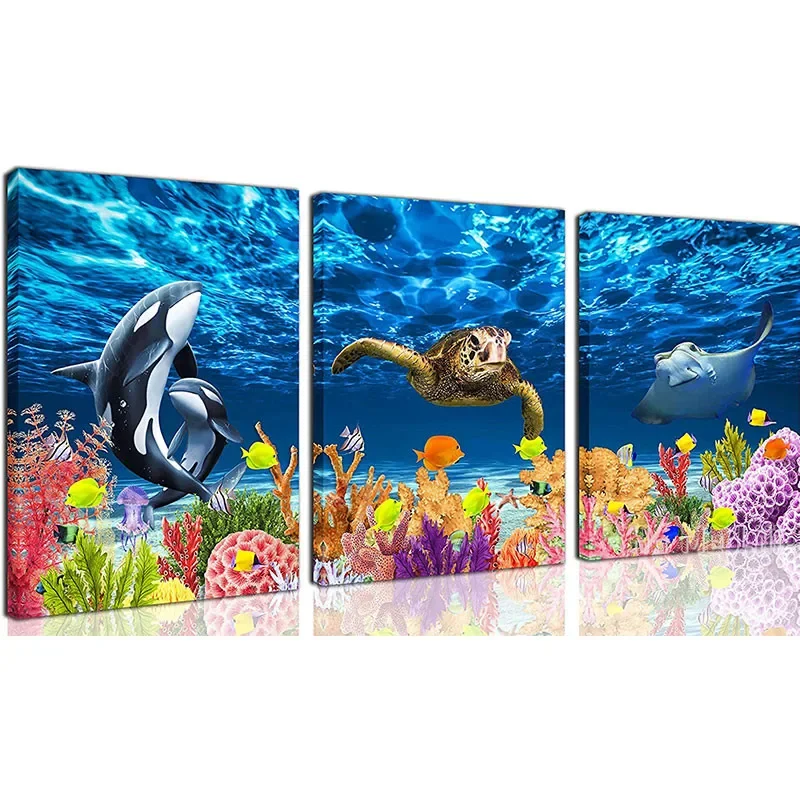 Bathroom Sea Turtle Decor Blue Wall Art For Living Room Killer Whale Colorful Fish Coral Beach Theme Pictures On Canvas