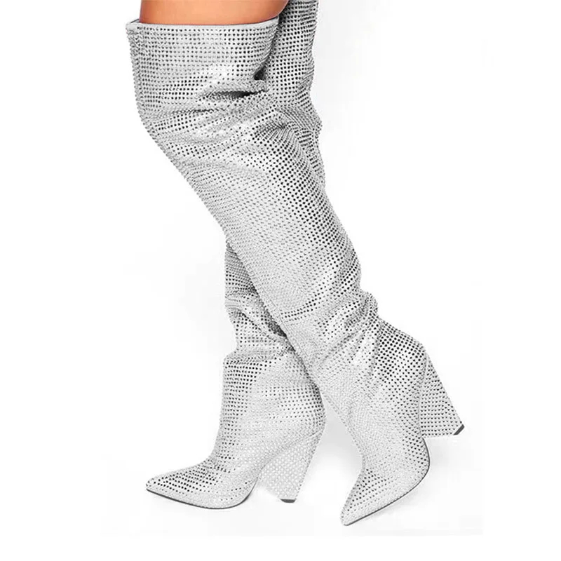 2024 new pointed cone-shaped heel with sloping heel, wearing full sky star rhinestones and oversized knee length boots for women