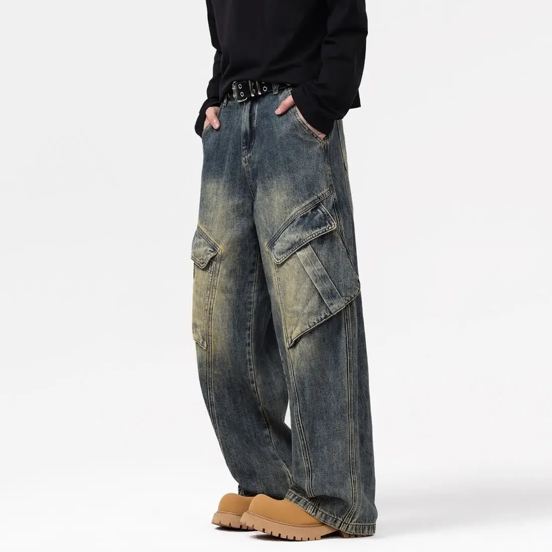 Men's Large Side Pocket Design Retro Baggy Regular Jeans Fashion Trend Autumn Trousers Male High Waisted Wide Leg Denim Pants