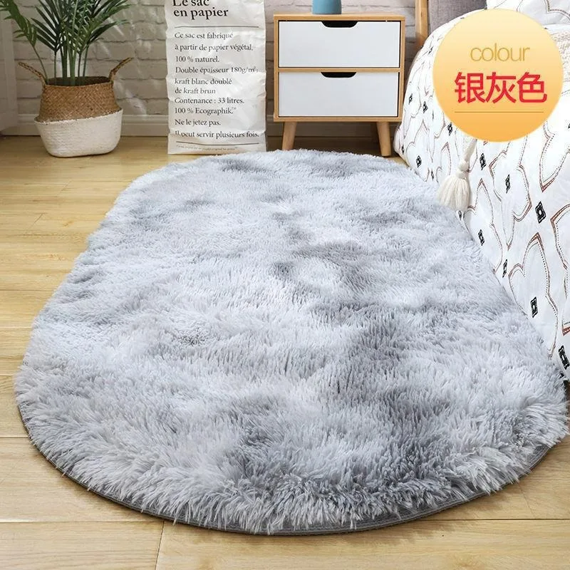 VIKAMA Living Room Tie-Dye Oval Silk Hair Carpet Shaggy Pile Rug Bedroom Bedside Rug Cloakroom Home Decorative Floor Mat Push