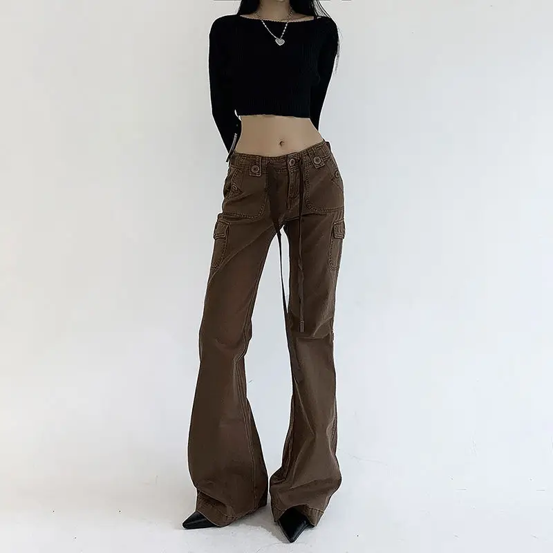 Flare Jeans Button Ribbon Low Rise Brown For Women Streetwear Y2K Aesthetic Cargo Jean Pants Vintage Denim Trousers