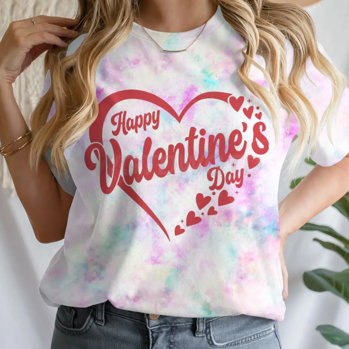 

Tie Dye Women Clothing Happy Valentine's Day Letter Print Women Tops & Tees Valentines Heart Love Tie-dye Casual T-shirts