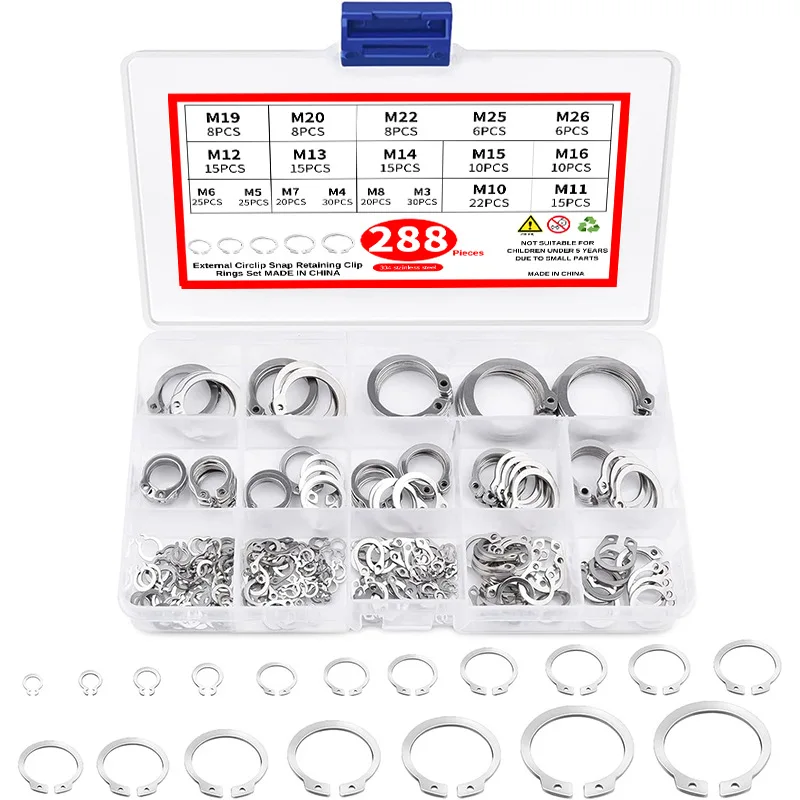 

288pcs Internal Circlip Assortment Kit C Clip Washer set 304 stainless steel Retaining Ring Snap Ring kit M3-M26 for metal shaft