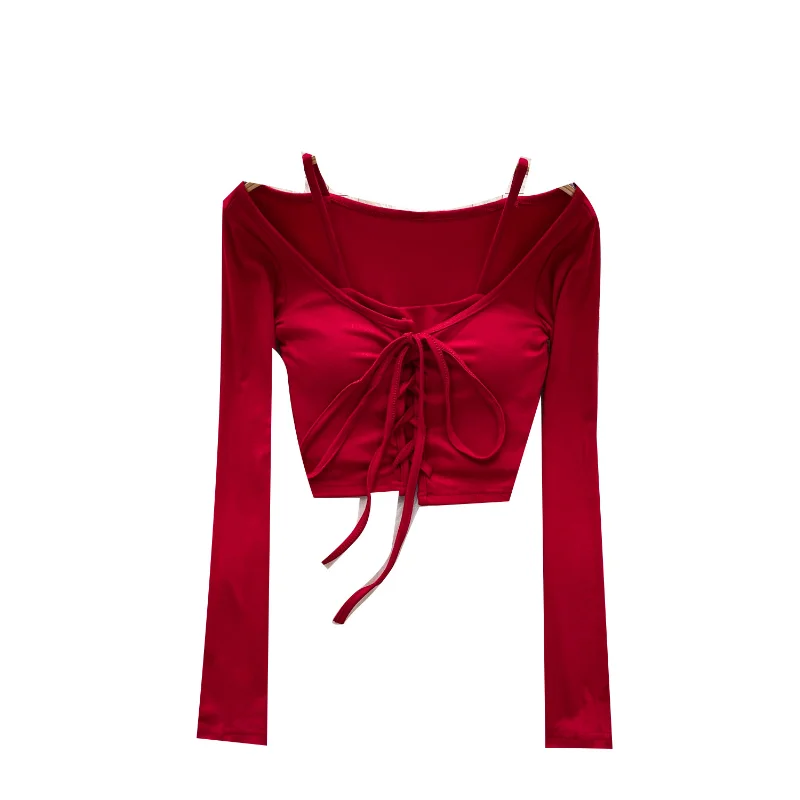 スリムフィット ロングスリーブ クロップトップ レディース Tシャツ デザインセンス スプライスストラップ ボディスーツ カジュアル スタイル 無地 ポリエステル生地