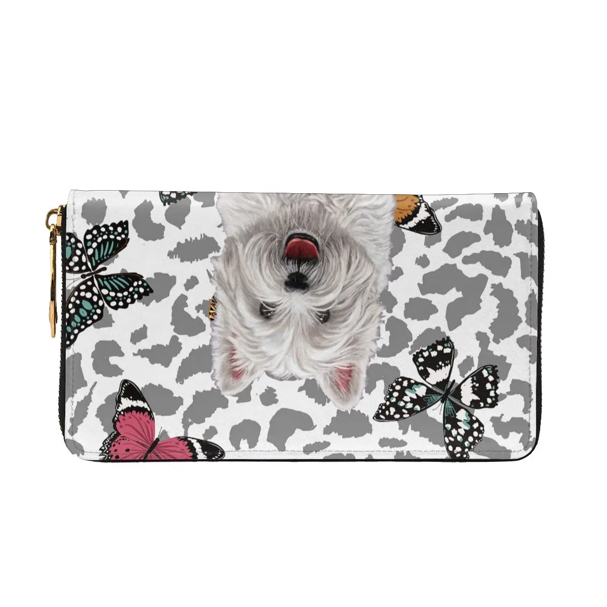 Luxury Genuine Leather Women Long Zipper Coin Purses Westie Clutch Female Money Credit Card Holder Butterfly Print Clutch Bag