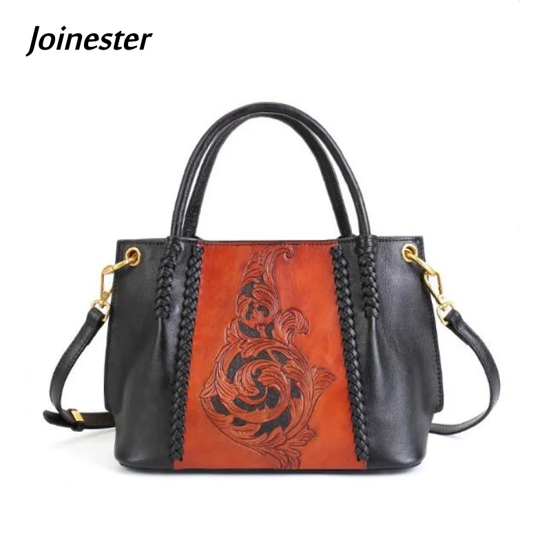 Top Grain Cowhide Retro Style Handbag for Lady Totem Embossed Genuine Leather Handwoven Large Shoulder Bag Functional Tote